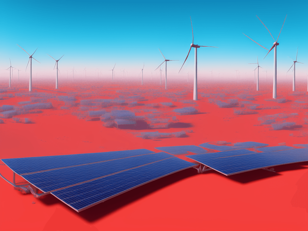 AI generated: High resolution photo, solar panels, desert, wind turbines, houses, red sun, light blue sky, low ang...