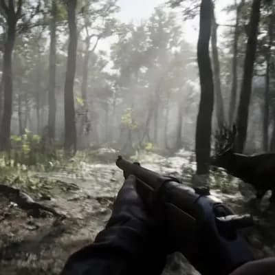 AI generated video: A hunter walking through a misty forest suddenly gets attacked by a wild deer. The deer charges aggr...