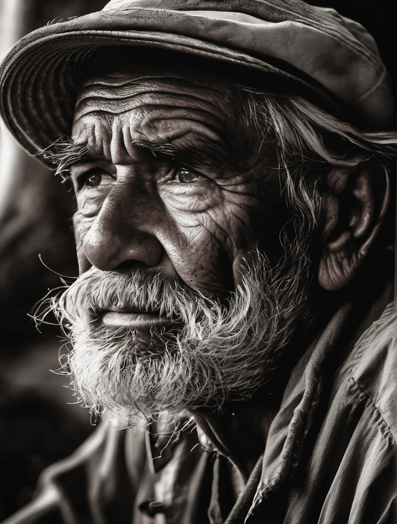 AI generated: An old fisherman, weathered by time, gazes into the distance, lost in memories of his youth, wrinkle...