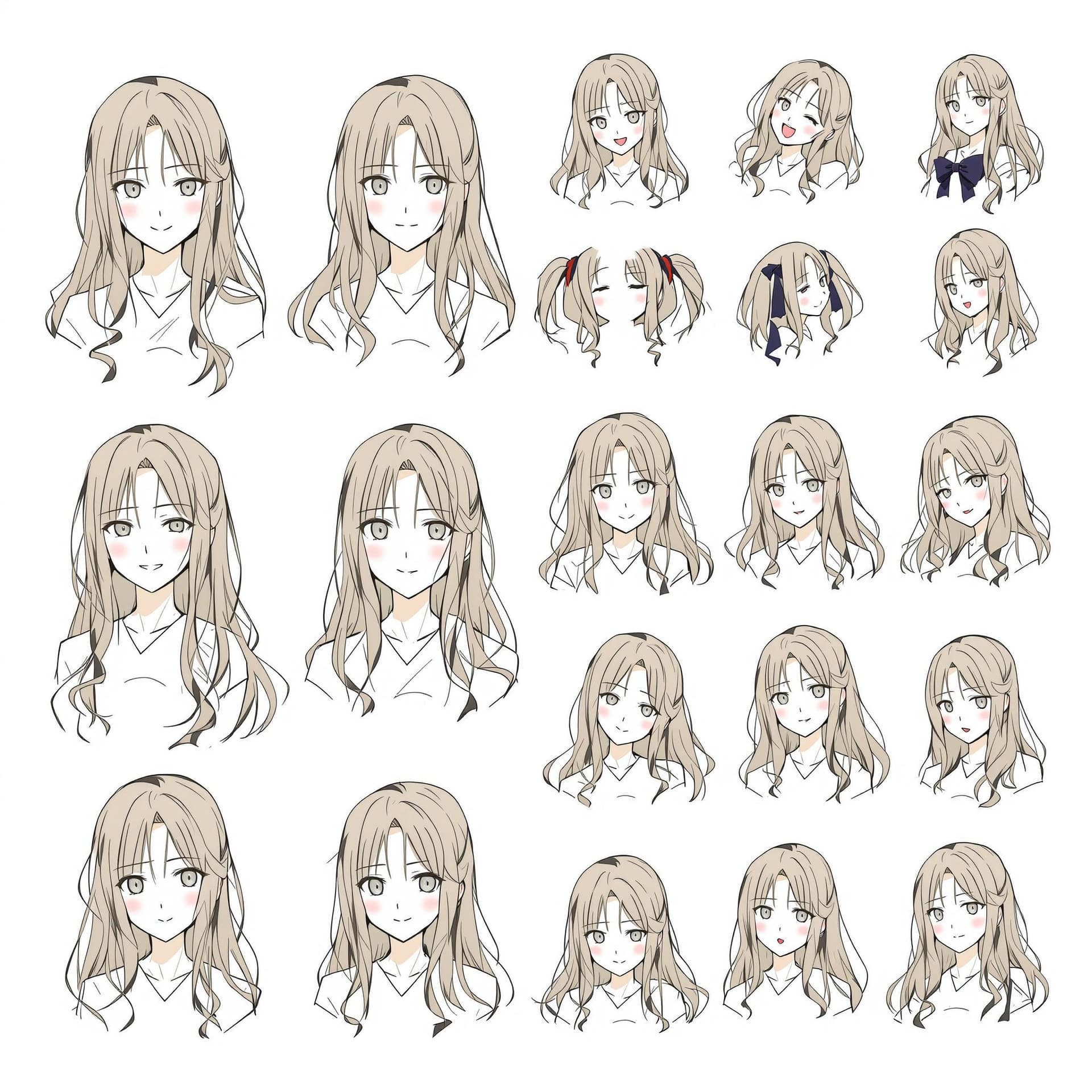AI generated: Character sheet，Girl with long hair，Multiple poss and expressions，Highly detailed，Depth，Many parts -...