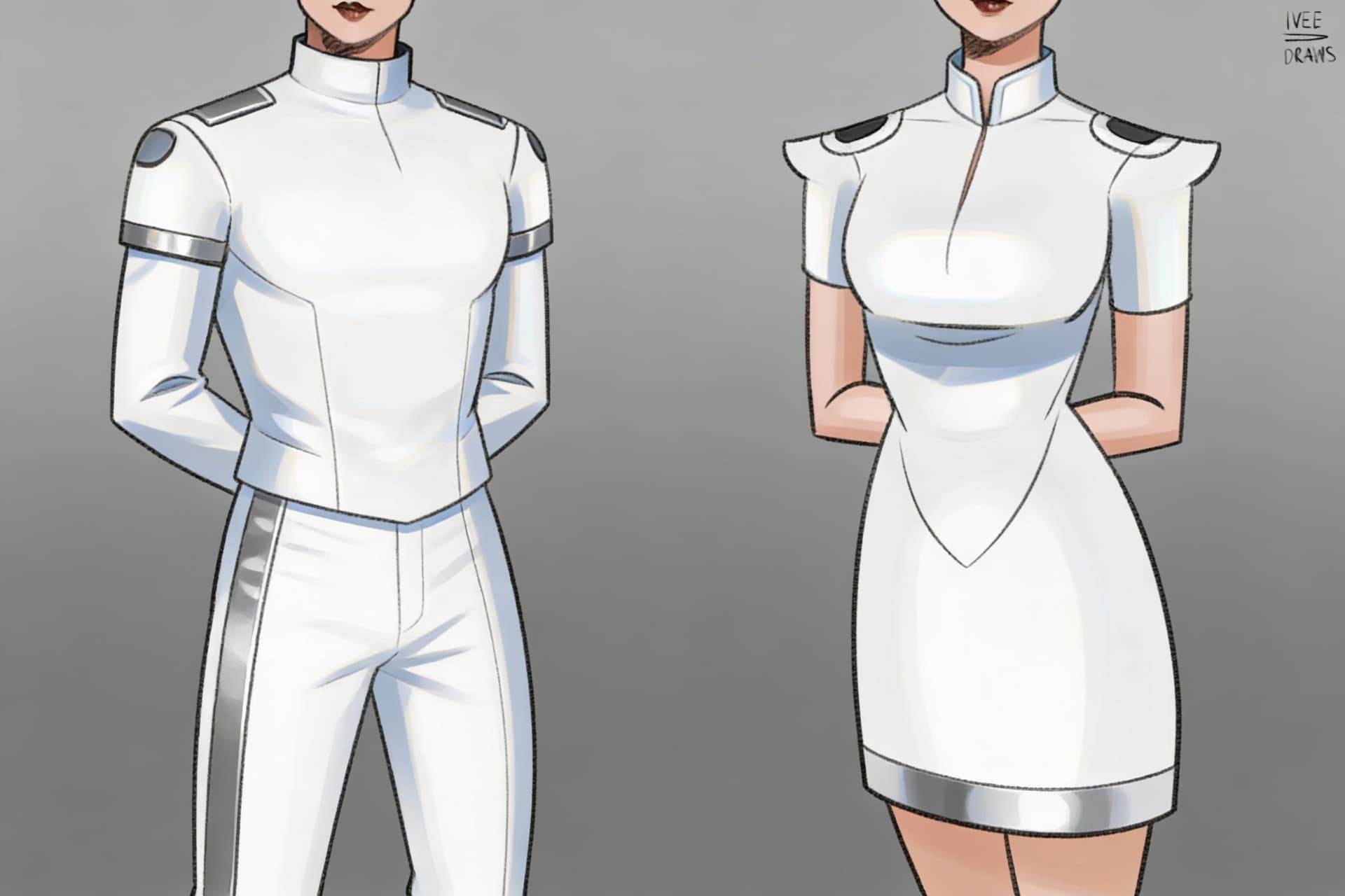 AI generated: Create a Sci-Fi uniform. Use the reference image and turn all white uniforms with silver trim. The c...