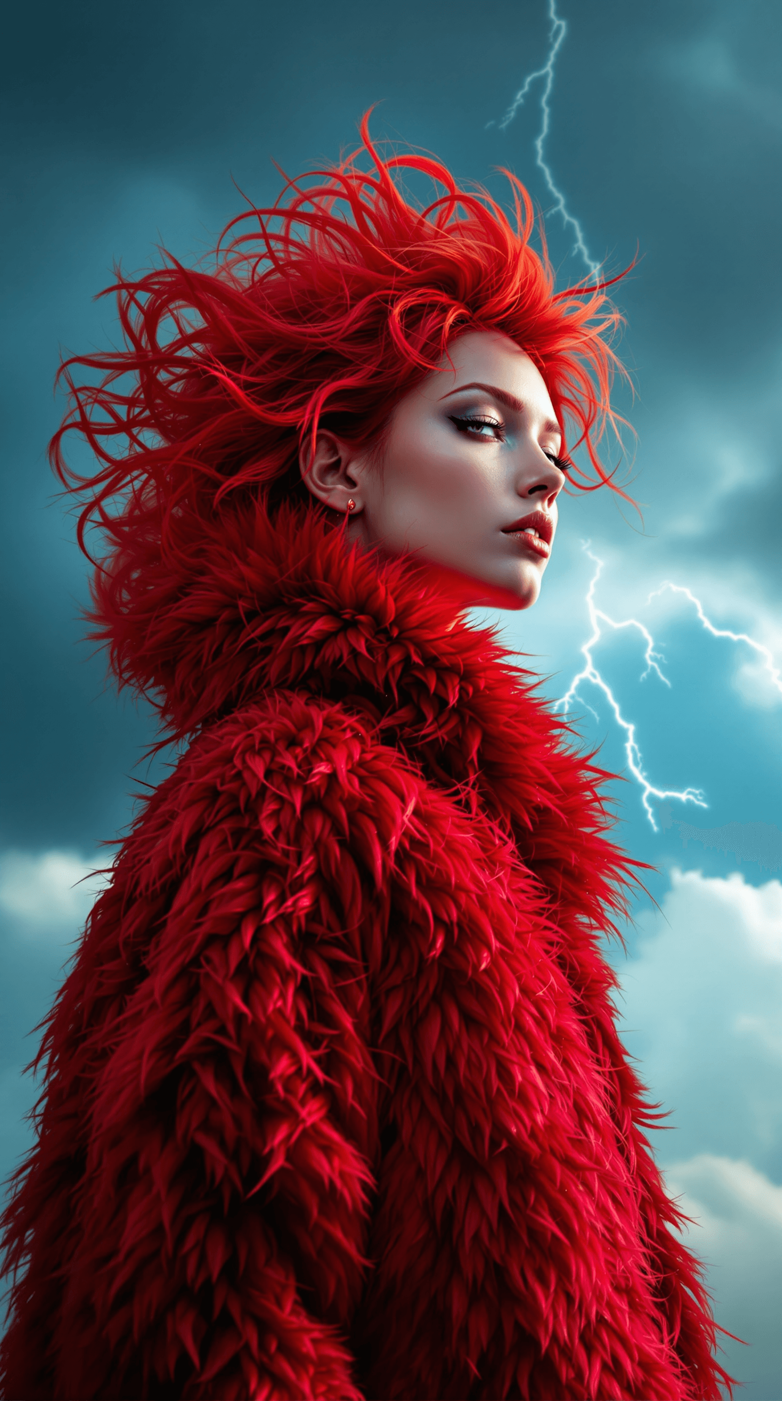 AI generated: Red head model with a fluffy red coat against a cloudy blue sky with thunders 