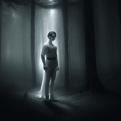 AI generated: mystical and beautiful woods, young white boy, raibow bracelet, short dark hair, full body, mystic l...