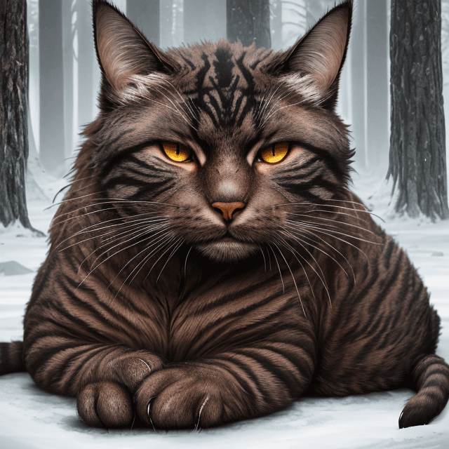AI generated: front  view of a nice, wise, gloomy,  giant,  brown very old cat resting  in a winter prehistoric fo...
