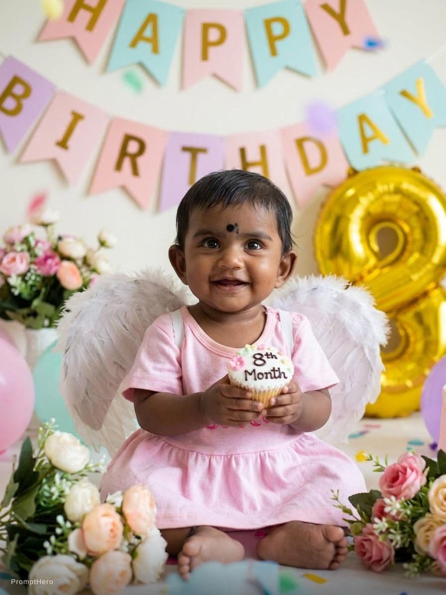AI generated: Generate baby photo like angel celebrating 8th month birthday