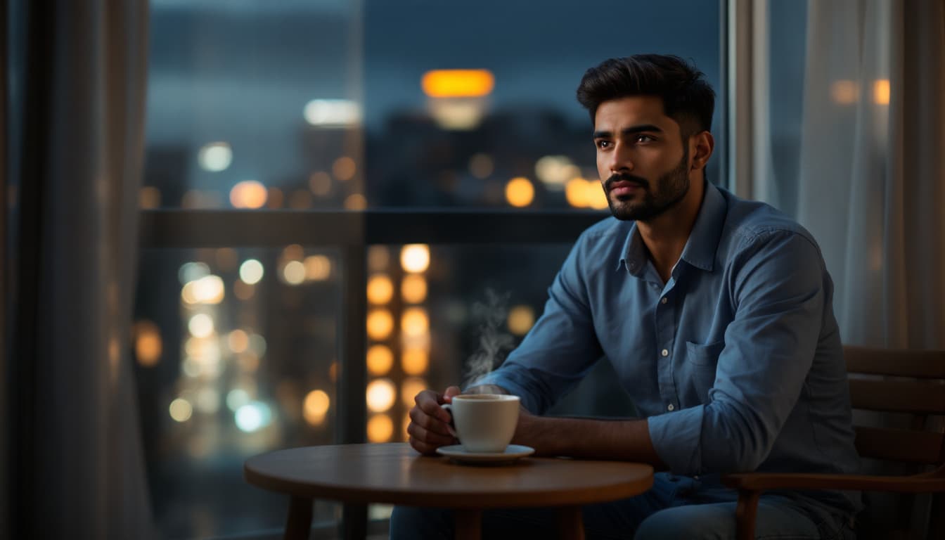 AI generated:  "a young Indian man in his late 20s with short black hair styled neatly, warm brown eyes, and a dee...