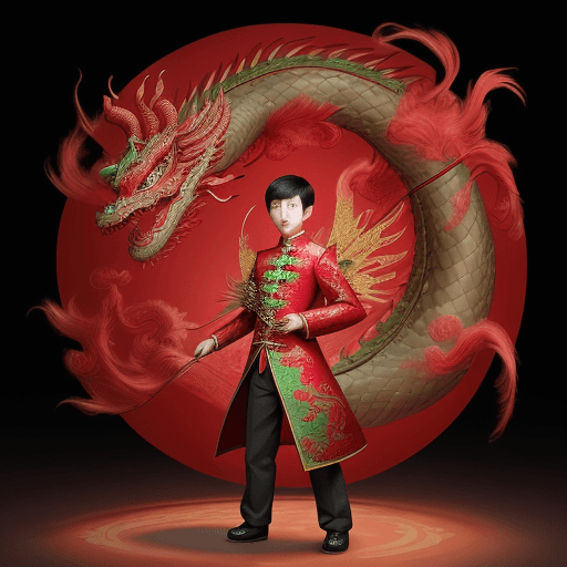 AI generated: a chinese boy is standing in front of a lunar new year dragon, in the style of digital painting, int...