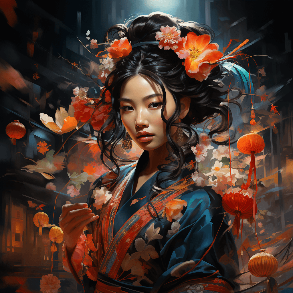 AI generated: An ethereal Geisha amidst a festival night, paper lanterns illuminating the lively streets, a vibran...