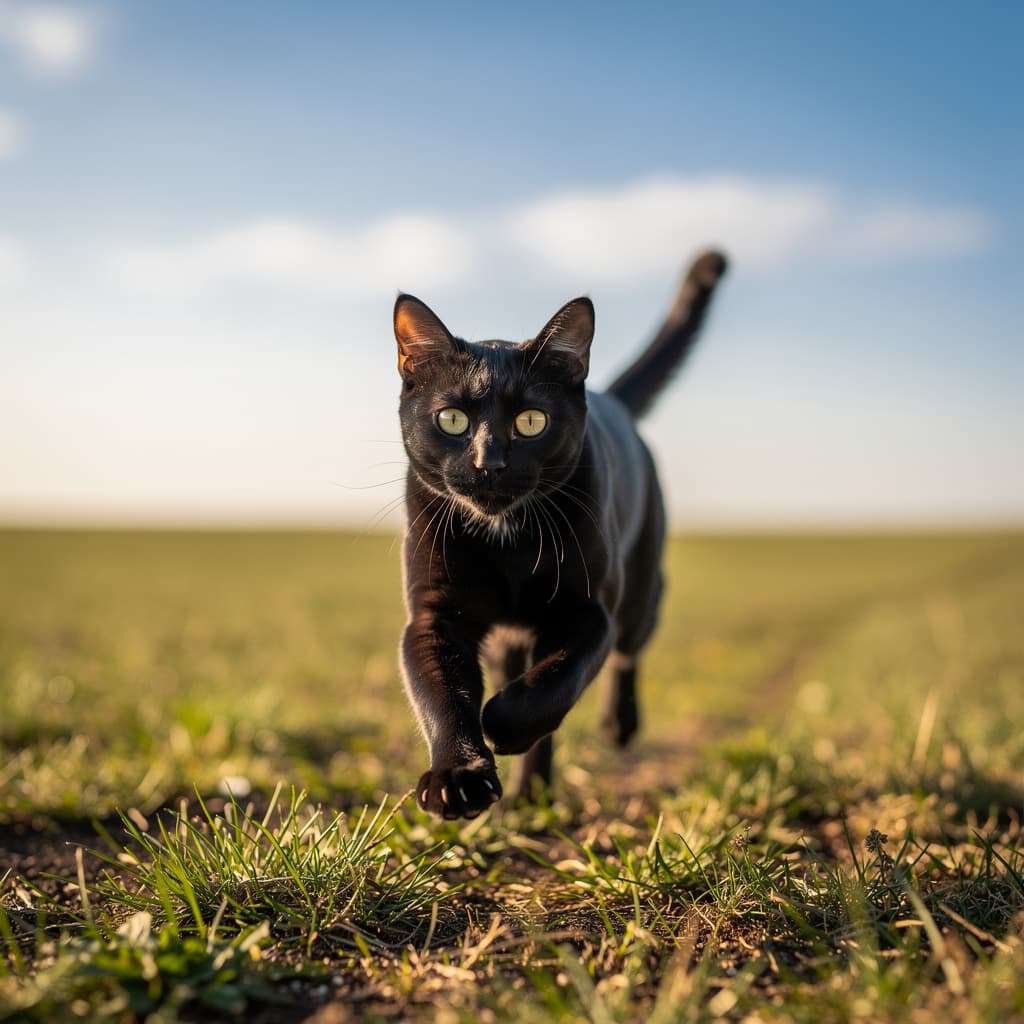 AI generated: A small black cat running in the open space