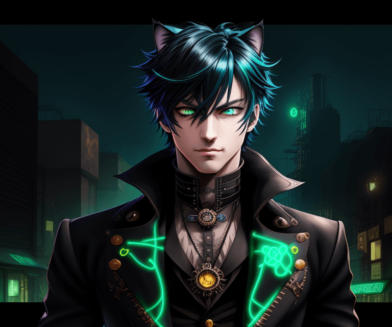AI generated: steampunk male black cat, green eyes, night, neon city, anime style, minimalist style, vibrant blue ...