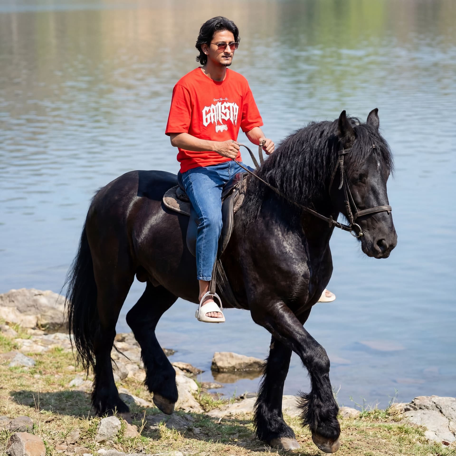 AI generated: A slim-fit 5'7 young man riding a powerful black hairy horse, captured from a front-side angle (thre...