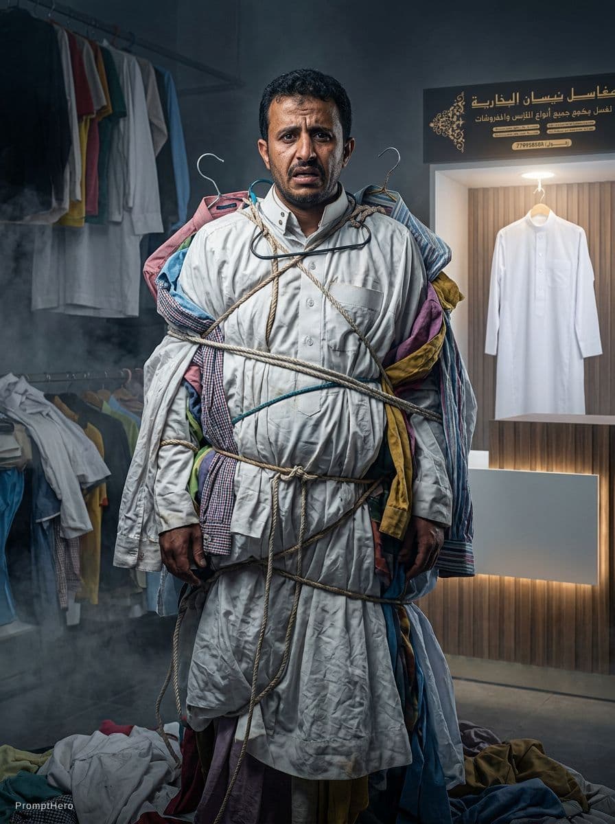 AI generated: ​A professional, humorous commercial photography shot with a raw, detailed Yemen aesthetic. The scen...