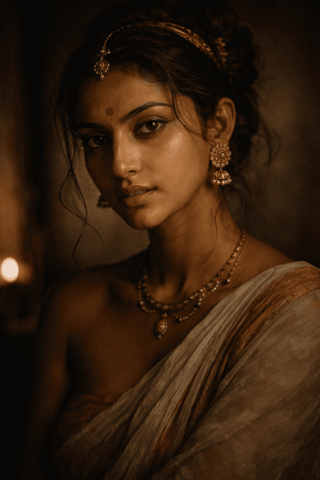 AI generated: A cinematic portrait of an Indian woman, intense and expressive gaze, natural facial features, subtl...
