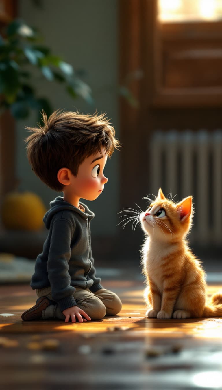 AI generated: A YOUNG BOY AND HIS CAT, LOOKING AT EACHOTHER IN CONFUSION, IN THE STYLE OF PIXAR