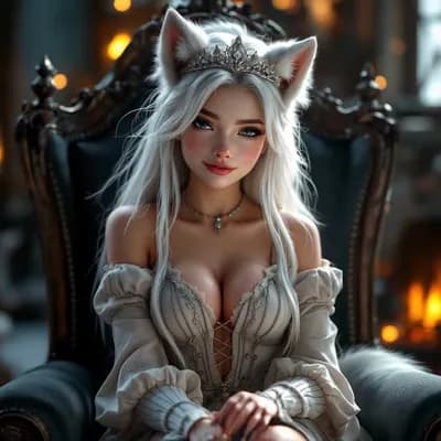 AI generated video: Arms on armrests. Wolf ears move, twitch and swivel. 