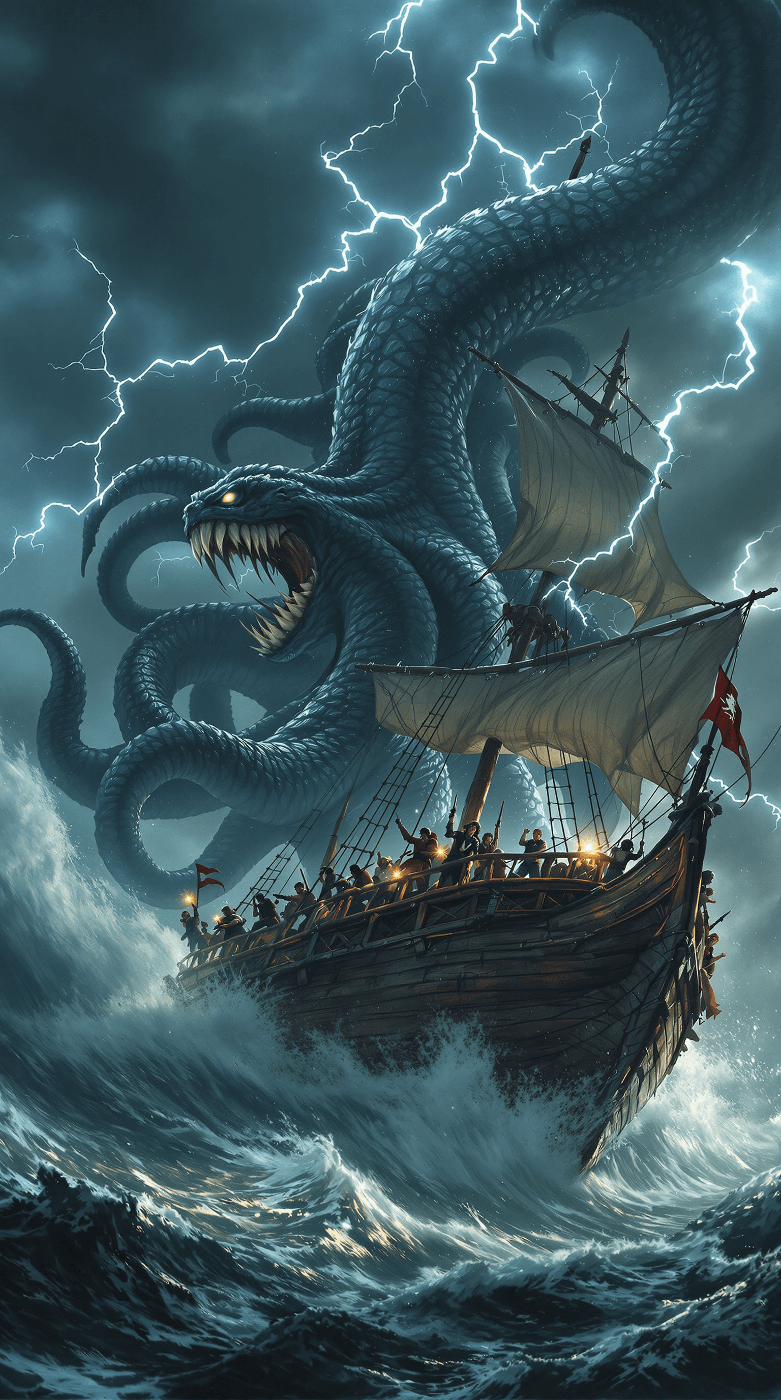 AI generated: a colossal Kraken rises from the stormy ocean, its massive, sinuous tentacles wrapping tightly aroun...