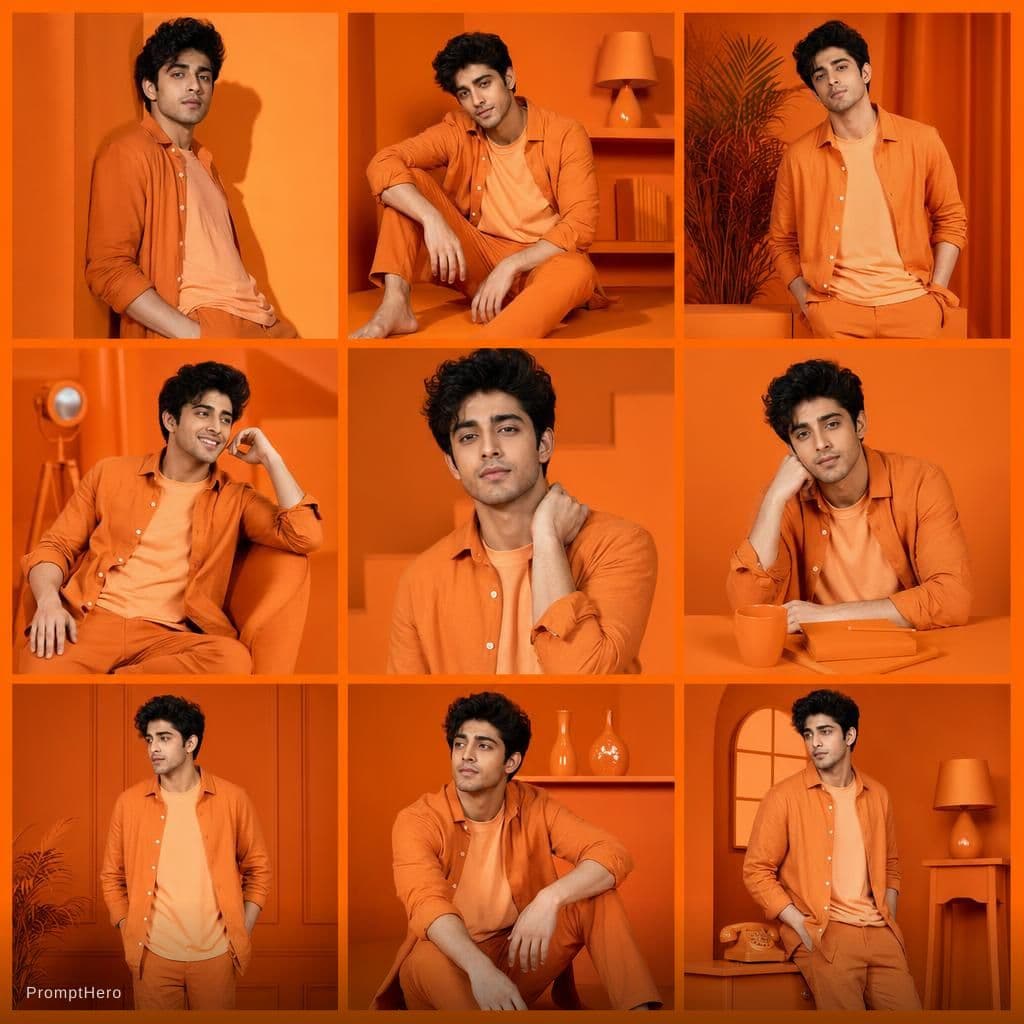 AI generated: A collage of 9 editorial-style photos with an orange color theme. The background, all objects, items...