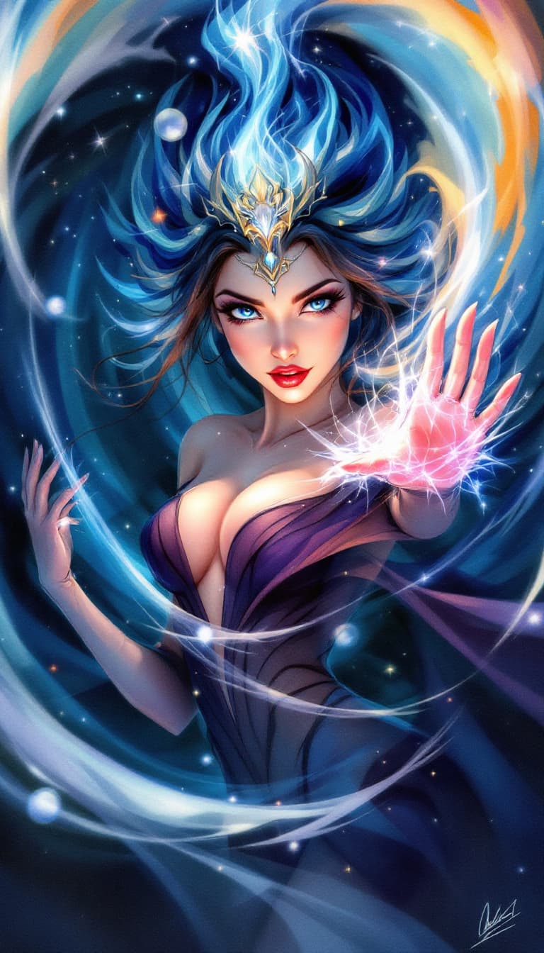 AI generated: Disney-style digital illustration of a Rule 63, full-body female sorceress, with esthetically displa...