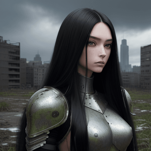 AI generated: black long straight hair, fur, light armor, cloudy day, abandoned city, mossy, weeds, best compositi...