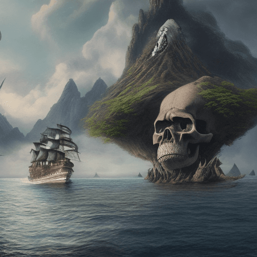AI generated: a large skull and a ship on water on an island, King Kong is looking through the eye socket, in the ...