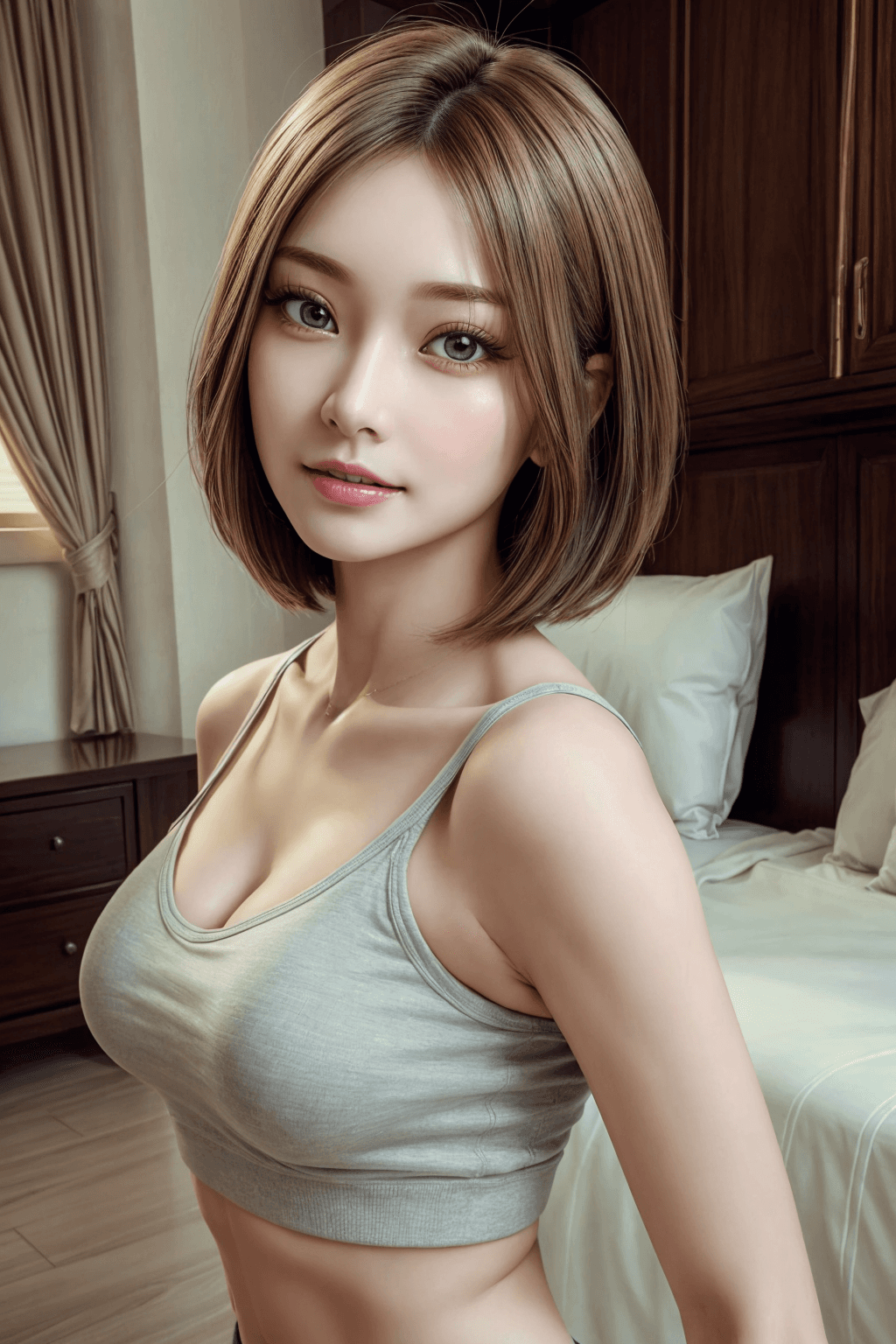 AI generated: 1 girl, a Beautiful idol, (Cute Loose Bob hair), (casual clothes), (showing midriff), (toned stomach...