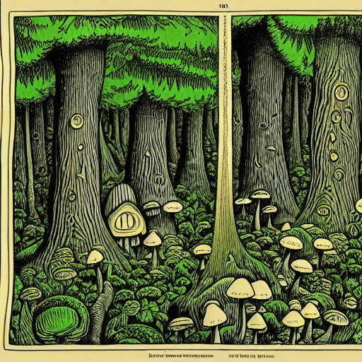 AI generated: a dark black and green mystic forest, mushrooms,  a house behind wood, a way, a spring, many details...
