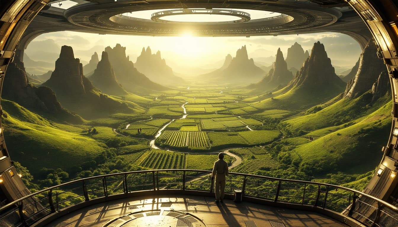 AI generated: A breathtaking view from inside a massive Von Braun Wheel space station, inspired by the works of Ar...