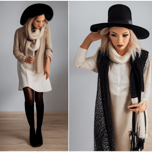 AI generated: White hair modelo with a beige and black modern
dress an a black boots black hat annd a beige scarf...