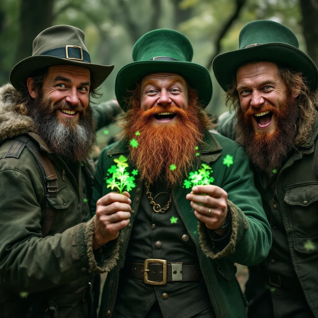 AI generated: three hunters incredibly elated after fulfilling their lifelong mission of catching a leprechaun