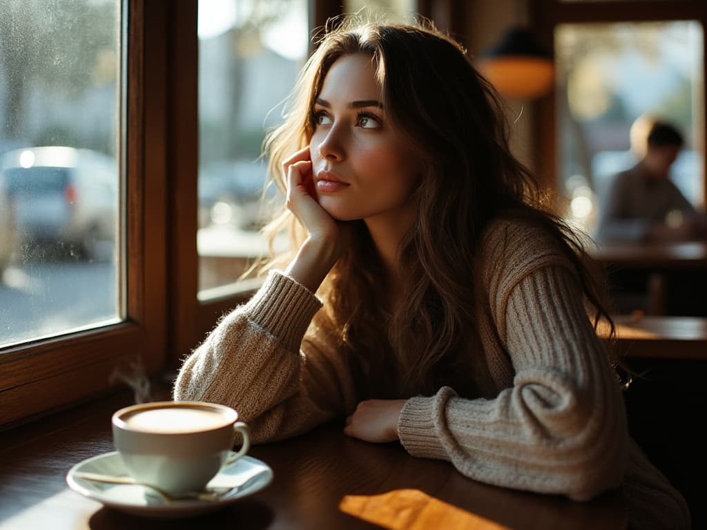 AI generated: A woman is sitting in a café, her expression focused and contemplative. Soft light streams in from t...