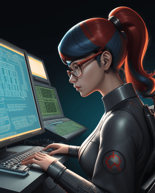 AI generated: richly detailed color illustration of a nerd-using-a-computer-to-crack-the-code surrounded by techno...