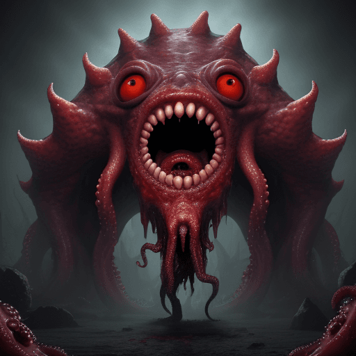 AI generated:  high quality foto of a big bloody monster, moster with grimaces and big very long teeth, everywhere...
