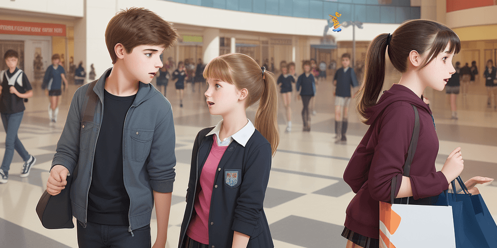 AI generated: Create a graphic that shows a male and female grade school student talking at the mall