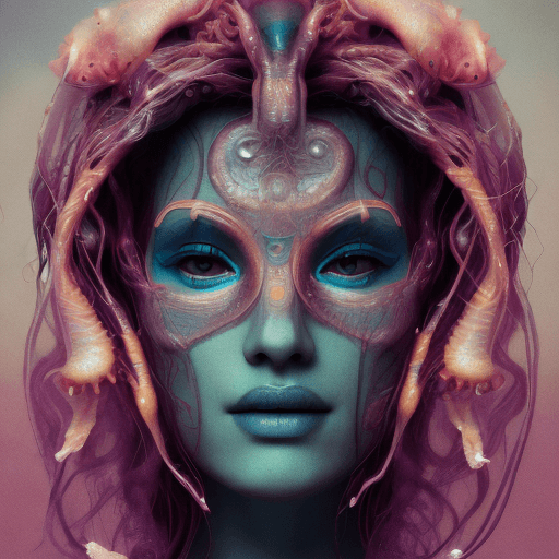 AI generated: Goddess close-up portrait ribcagel. jellyfish phoenix head, nautilus, orchid, skull, betta fish, bio...