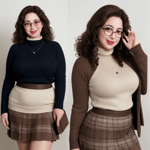AI generated: Woman, 40 years old, Jewish, smirking, glasses, brunette, curly hair, bookish, brown eyes, full-figu...