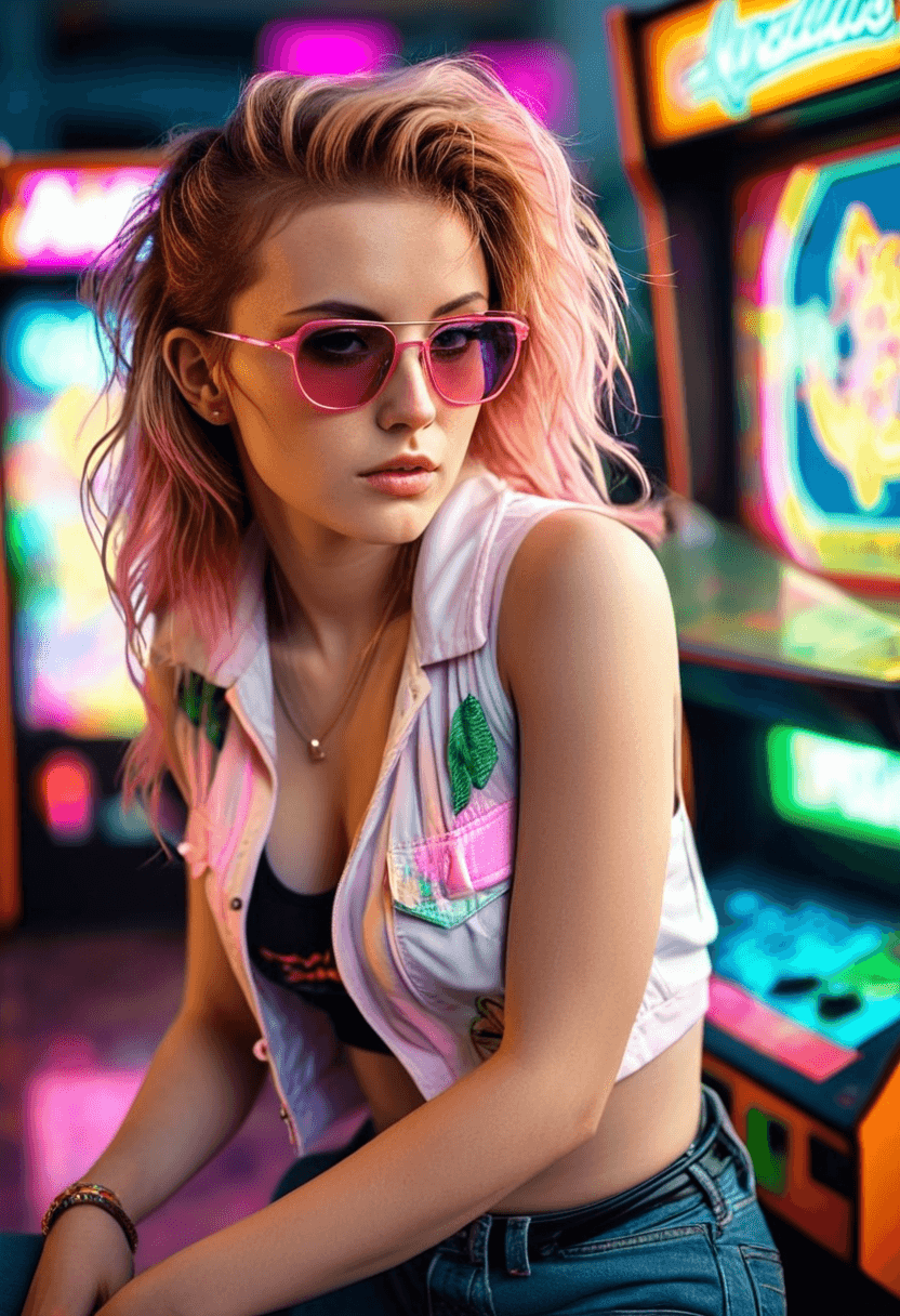 AI generated: vaporwave style 3/4 shot of woman with short teased hair and pink highlights, wearing sunglasses and...
