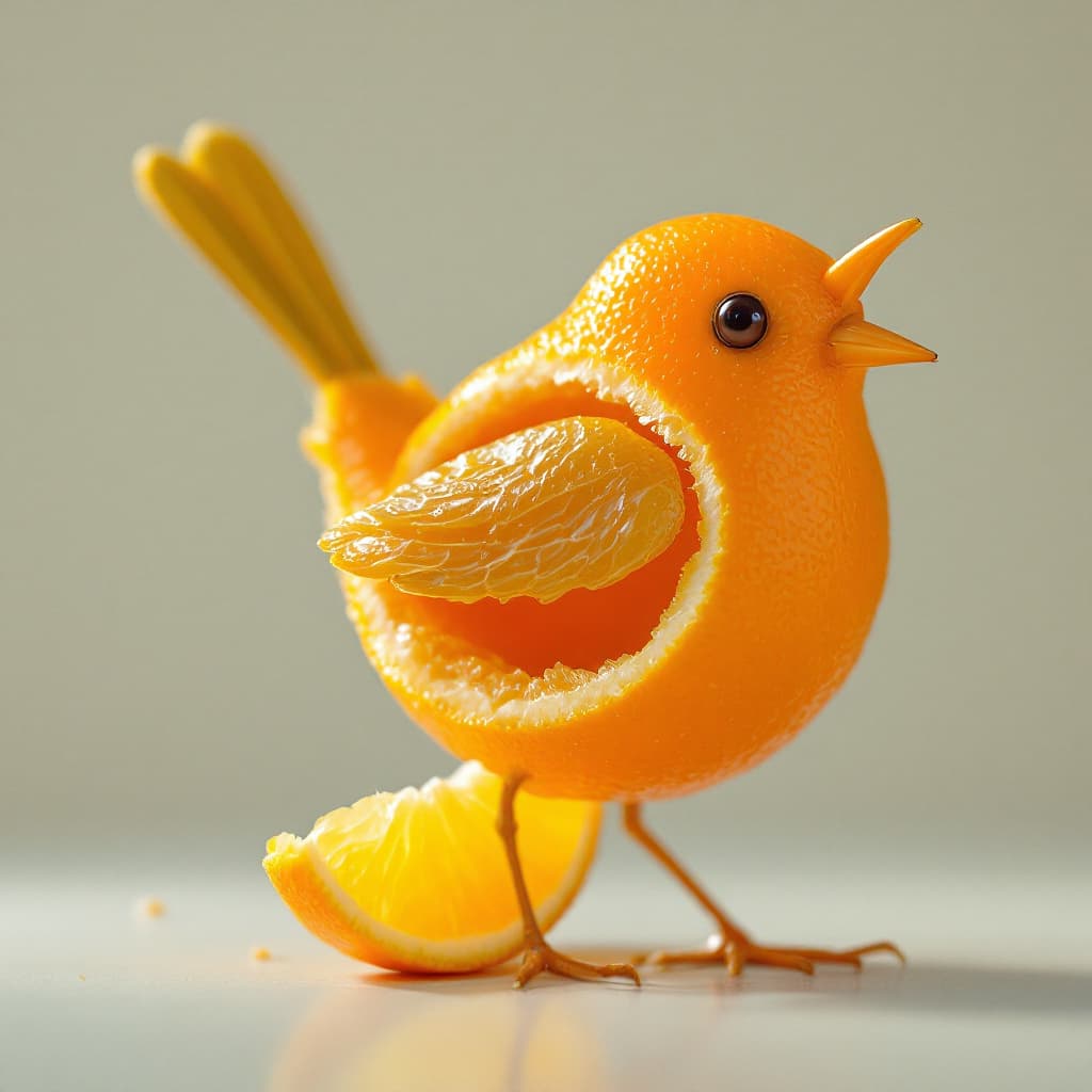 AI generated: a little bird made of a fresh orange that has been cut open, photo-realistic techniques --ar 2:3 --s...