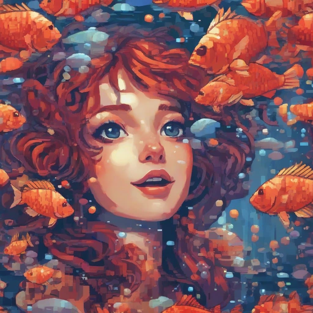 AI generated: dark underwater, beautiful girl looking into camera, floating dark red hair, big blue eyes, smiling,...