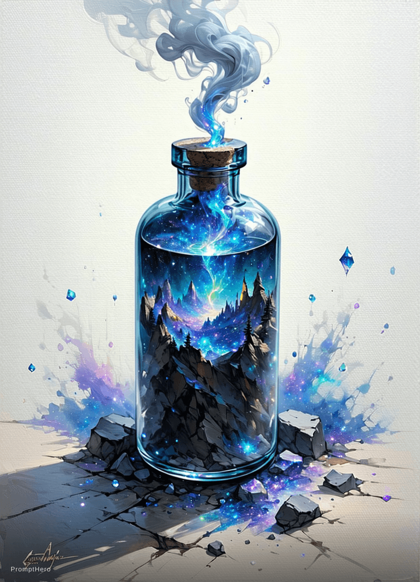 AI generated: Delicate magical fairy dust in a bottle smoking with cosmic magical energy, highly detailed painting...