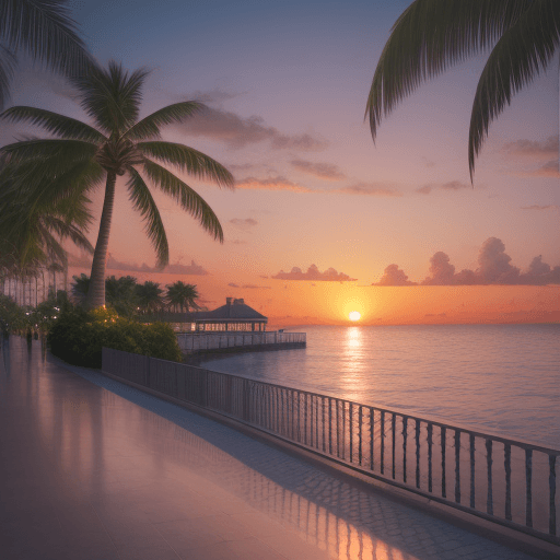 AI generated: Hyper realistic eye level exterior photo of a Tropical Seafront Sunset