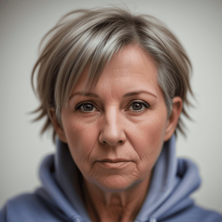 AI generated: hyper realistic headshot photo of a 55 year old woman, wearing a hoodie, short hair,  looking into t...