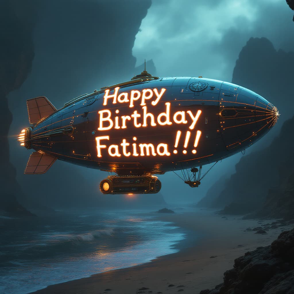 AI generated: A futuristic blimp flying over the beach with an led aign sign that says, Happy Birthday Fatima!!! i...