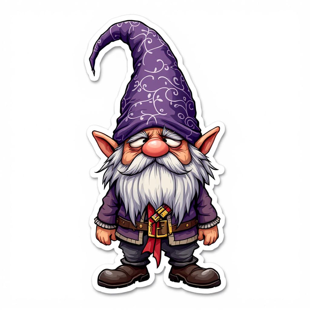 AI generated: A highly detailed full-body cartoon sticker of a whimsical gnome character. The gnome is wearing a v...