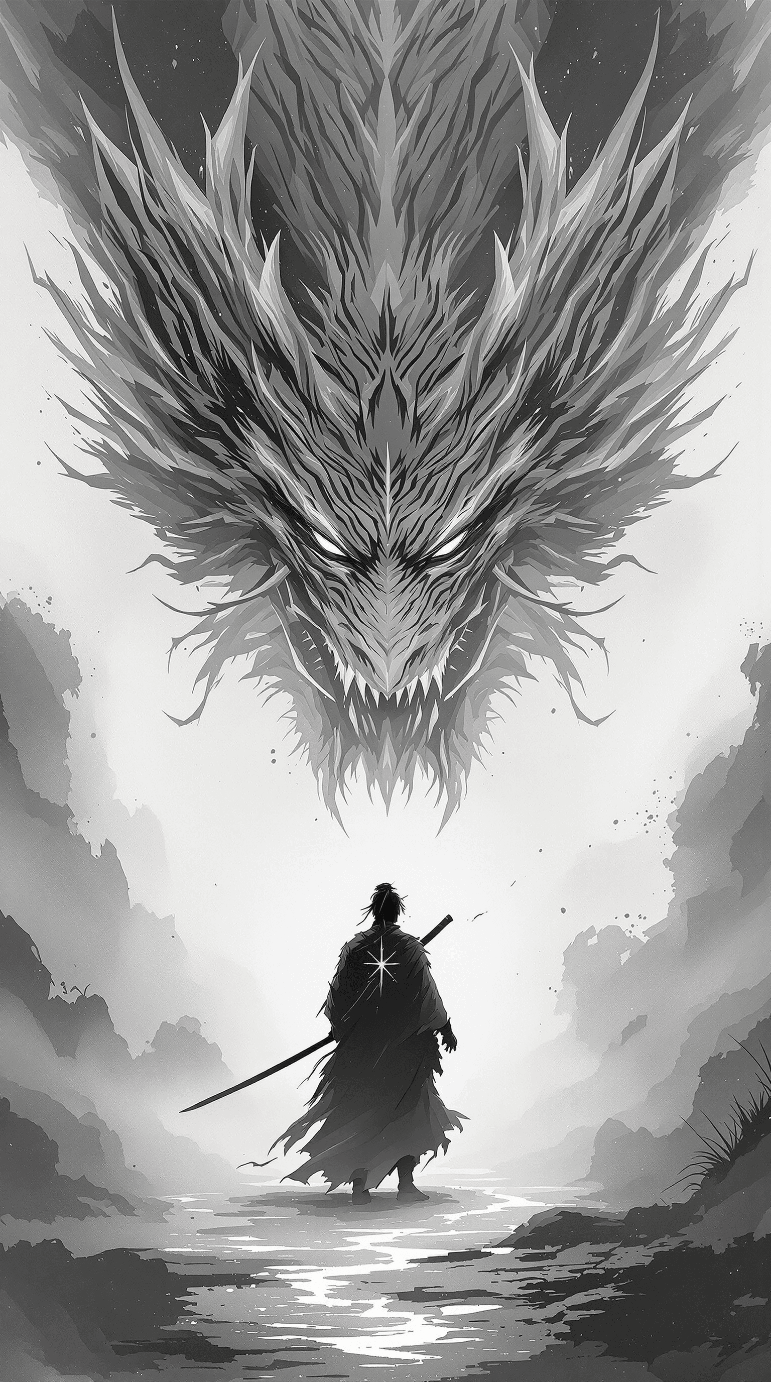 AI generated: japanese samurai in front of a dragon, in the style of minimalist ink wash, 2d game art, witchcore, ...
