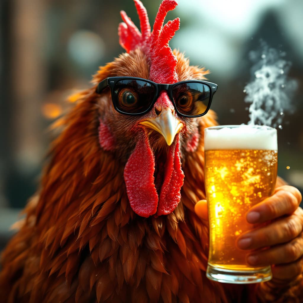 AI generated: a smiling chicken wearing dark glasses with a chilled beer in front of the camera