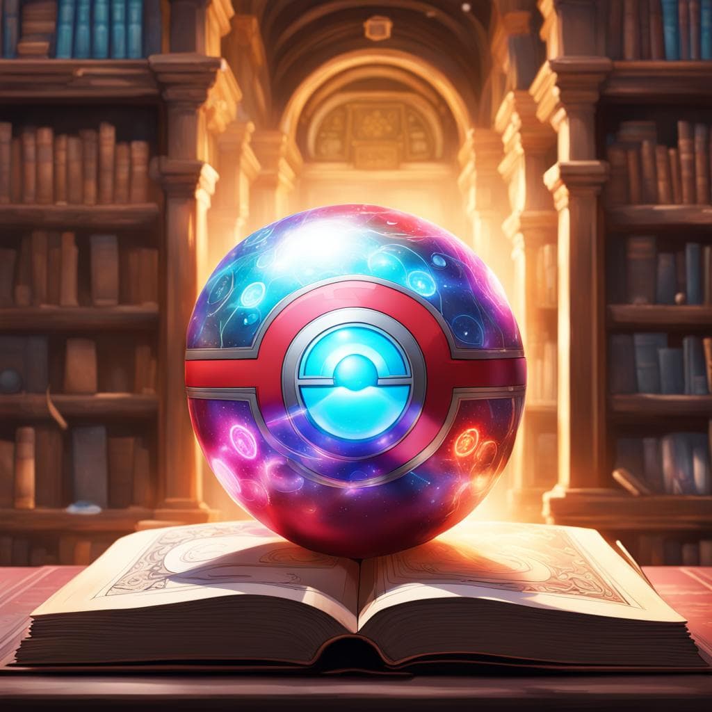 AI generated: As the viewer read the words out loud from a book in a library, A Poke-Ball appeared with ancient to...