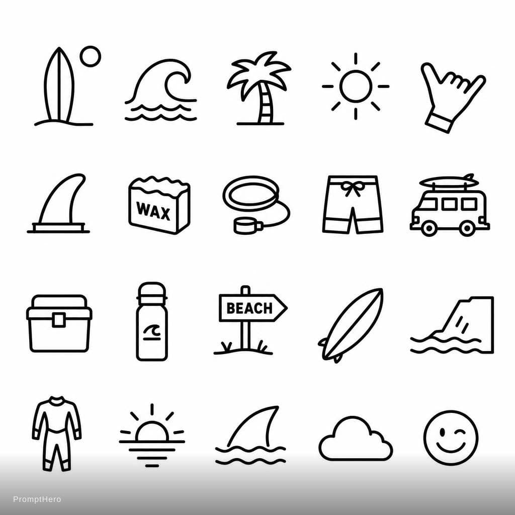 AI generated: black outline minimalist yet playful surf-themed icon pack for in a neo-brutalist website design