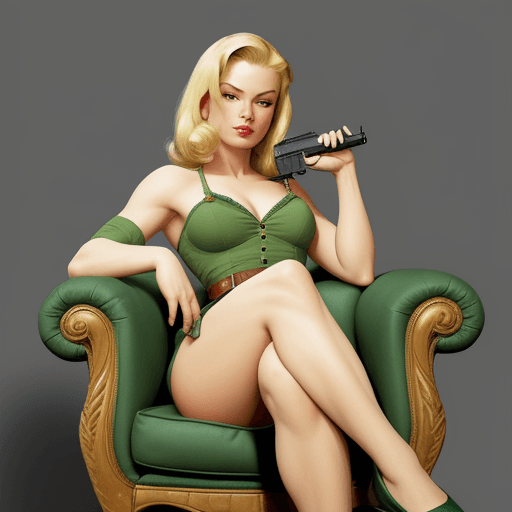 AI generated: A woman with blonde hair sits on an armchair in the style of Frank Frazetta. She has her legs crosse...