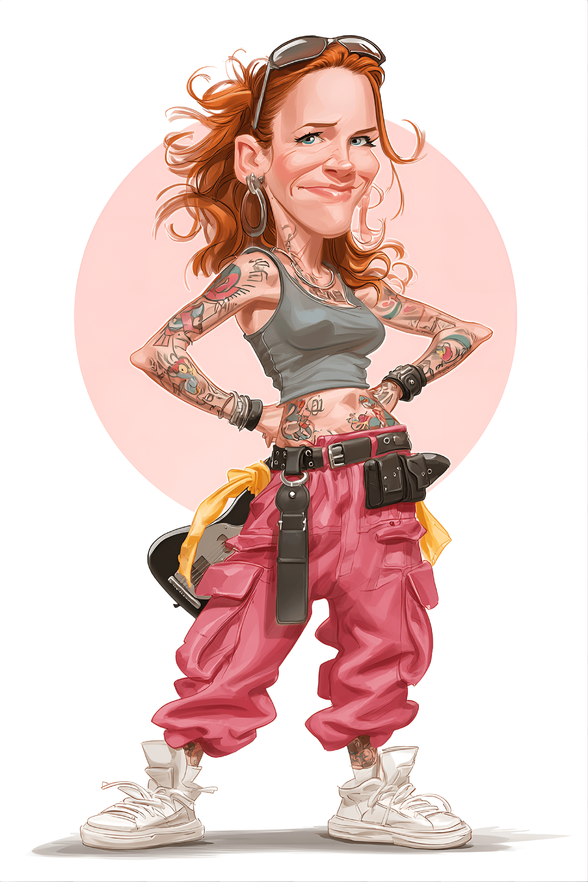 AI generated: funny caricature, rocker female human caricature, middle-aged caucasian female, 38 years old, red fl...