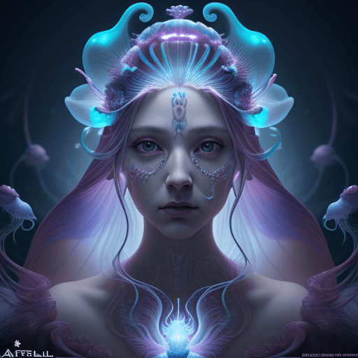 AI generated: Goddess close-up portrait ribcagel. jellyfish phoenix head, nautilus, orchid, skull, betta fish, bio...